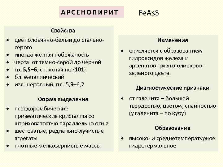 Fe. As. S АРСЕНОПИРИТ Свойства цвет оловянно-белый до стальносерого иногда желтая побежалость черта от