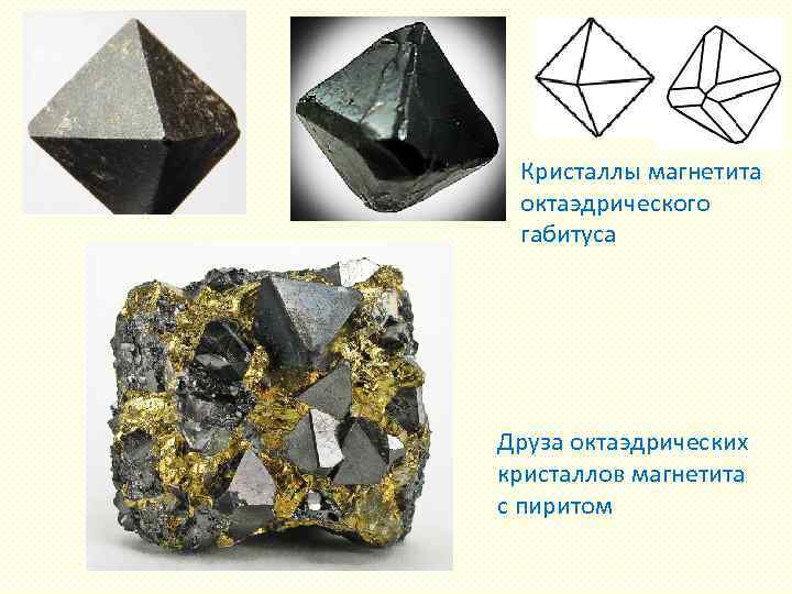 Кристаллы магнетита октаэдрического габитуса Друза октаэдрических кристаллов магнетита с пиритом 