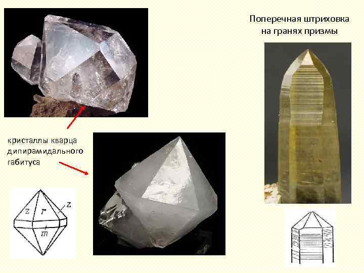 Поперечная штриховка на гранях призмы кристаллы кварца дипирамидального габитуса 