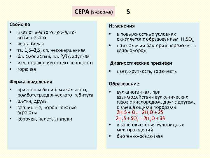 СЕРА (a-форма) Свойства • цвет от желтого до желтокоричневого черта белая тв. 1, 5–