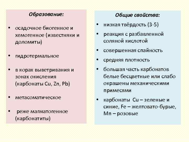 Образование: • осадочное биогенное и хемогенное (известняки и доломиты) • гидротермальное Общие свойства: •