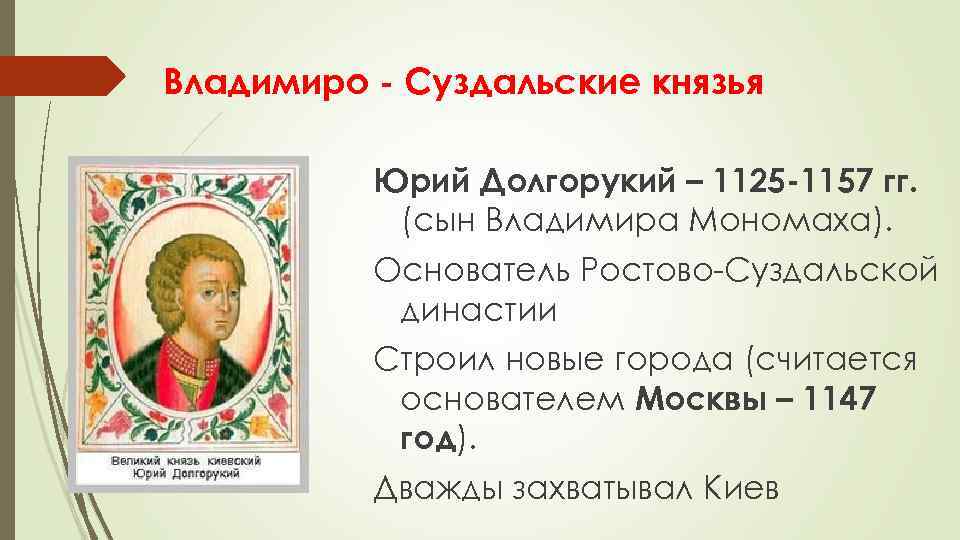 Владимиро - Суздальские князья Юрий Долгорукий – 1125 -1157 гг. (сын Владимира Мономаха). Основатель