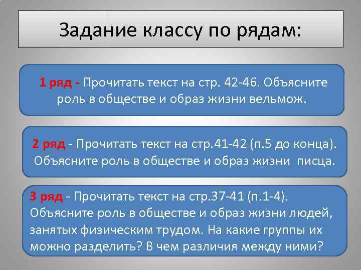 Задание классу по рядам: 1 ряд - Прочитать текст на стр. 42 -46. Объясните