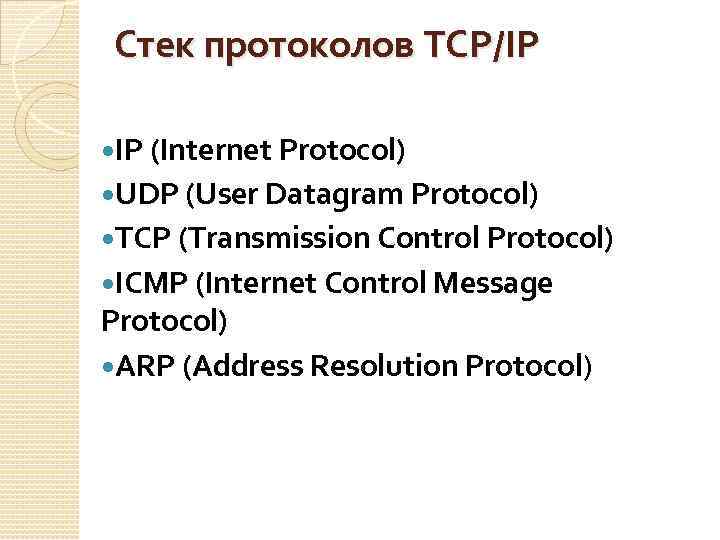 Стек протоколов TCP/IP IP (Internet Protocol) UDP (User Datagram Protocol) TCP (Transmission Control Protocol)