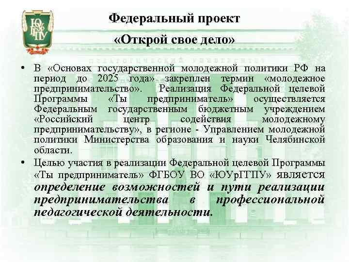 Федеральный проект «Открой свое дело» • В «Основах государственной молодежной политики РФ на период