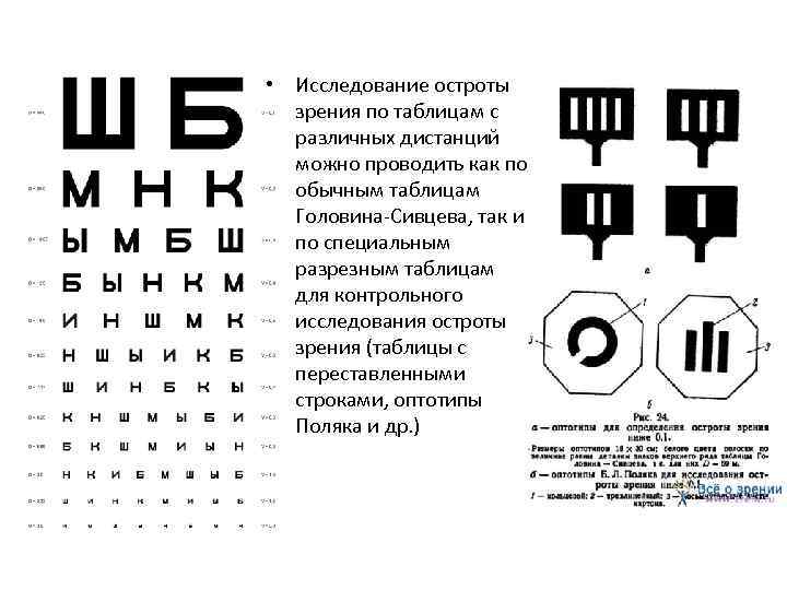  • Исследование остроты зрения по таблицам с различных дистанций можно проводить как по