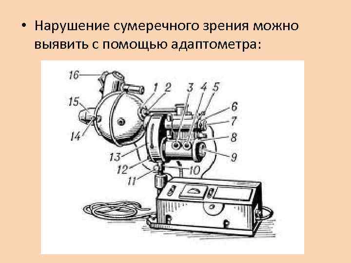  • Нарушение сумеречного зрения можно выявить с помощью адаптометра: 