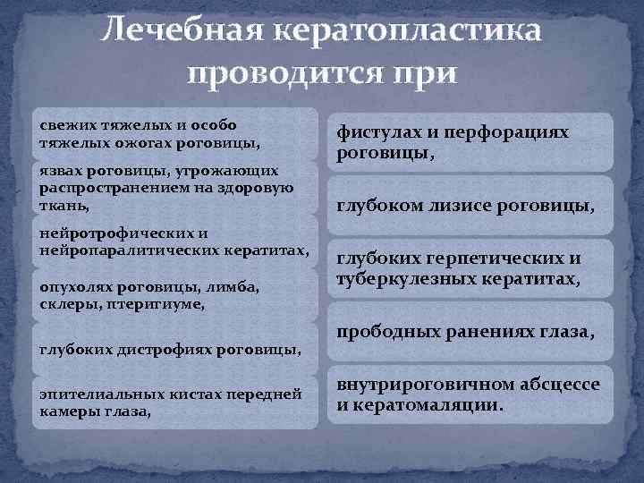 Лечебная кератопластика проводится при свежих тяжелых и особо тяжелых ожогах роговицы, язвах роговицы, угрожающих