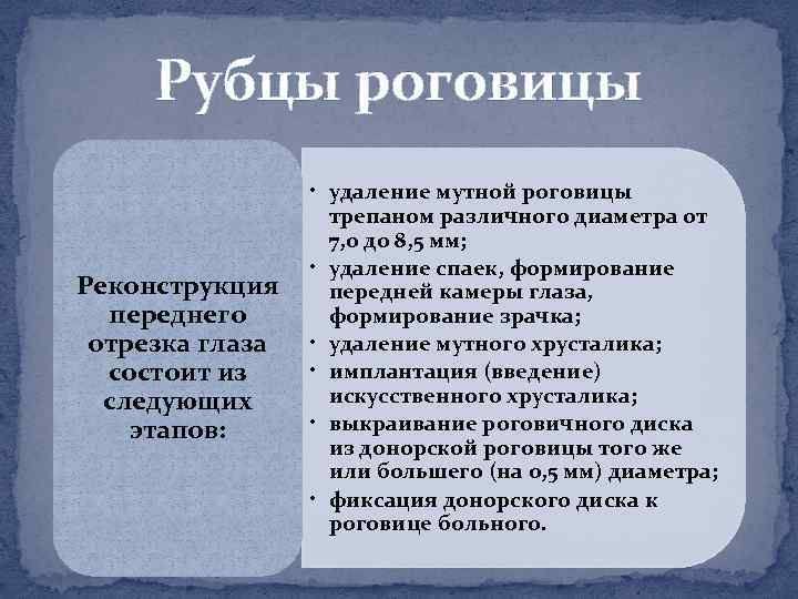 Рубцы роговицы Реконструкция переднего отрезка глаза состоит из следующих этапов: • удаление мутной роговицы
