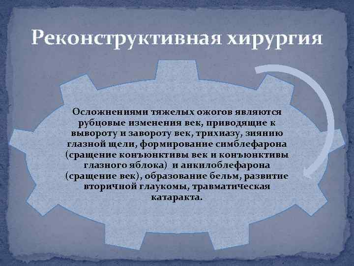 Реконструктивная хирургия Осложнениями тяжелых ожогов являются рубцовые изменения век, приводящие к вывороту и завороту