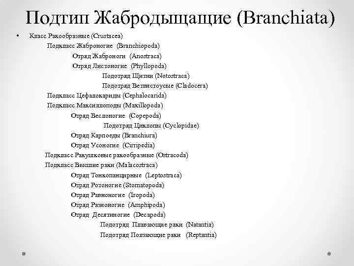 Подтип Жабродыщащие (Branchiata) • Класс Ракообразные (Crustacea) Подкласс Жаброногие (Branchiopoda) Отряд Жаброноги (Anostraca) Отряд