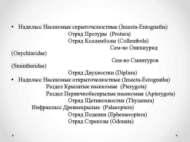  • Надкласс Насекомые скрыточелюстные (Insecta-Entognatha) Отряд Протуры (Protura) Отряд Коллемболы (Collembola) Сем-во Онихиурид