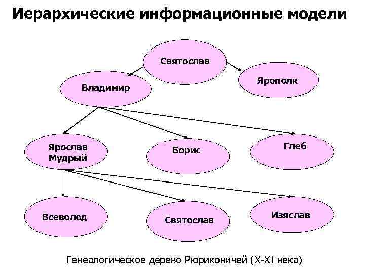 Иерархические информационные модели Святослав Ярополк Владимир Ярослав Мудрый Всеволод Борис Святослав Глеб Изяслав Генеалогическое