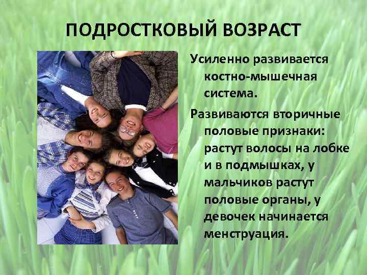 ПОДРОСТКОВЫЙ ВОЗРАСТ Усиленно развивается костно-мышечная система. Развиваются вторичные половые признаки: растут волосы на лобке