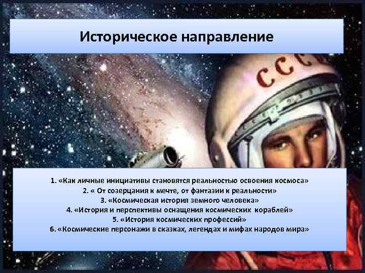 Историческое направление 1. «Как личные инициативы становятся реальностью освоения космоса» 2. « От созерцания