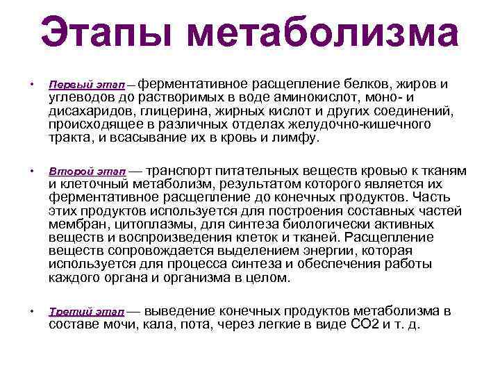 Этапы метаболизма • Первый этап — ферментативное расщепление белков, жиров и • Второй этап