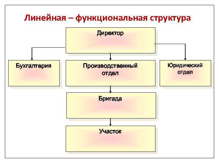 Линейная – функциональная структура Директор Бухгалтерия Производственный отдел Бригада Участок Юридический отдел 