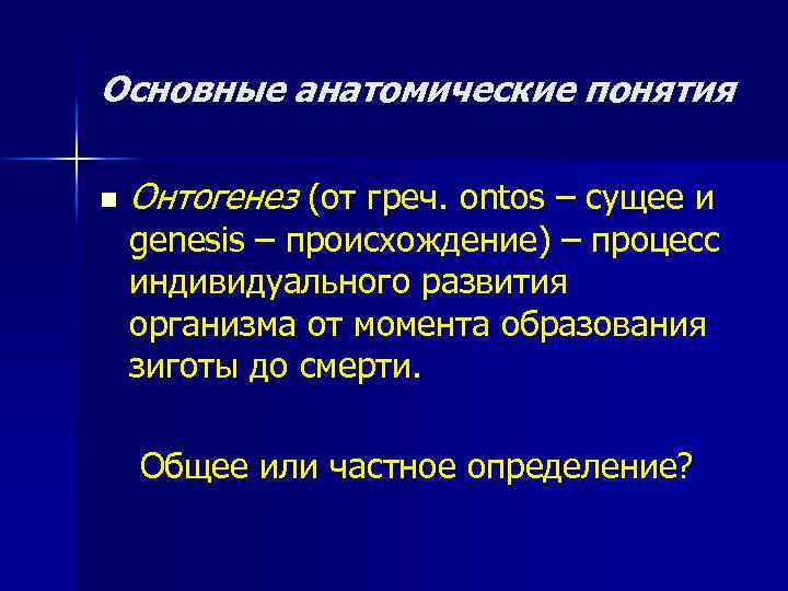 Основные анатомические понятия n Онтогенез (от греч. ontos – сущее и genesis – происхождение)