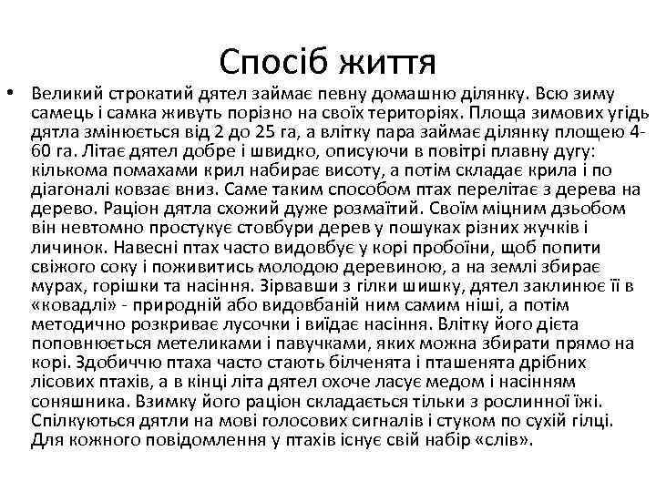 Спосіб життя • Великий строкатий дятел займає певну домашню ділянку. Всю зиму самець і