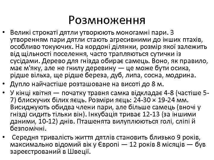 Розмноження • Великі строкаті дятли утворюють моногамні пари. З утворенням пари дятли стають агресивними