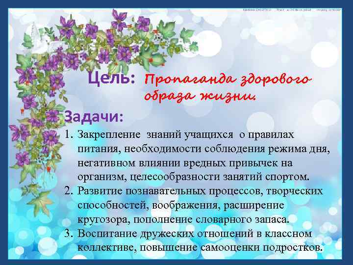 Цель: Задачи: Пропаганда здорового образа жизни. 1. Закрепление знаний учащихся о правилах питания, необходимости