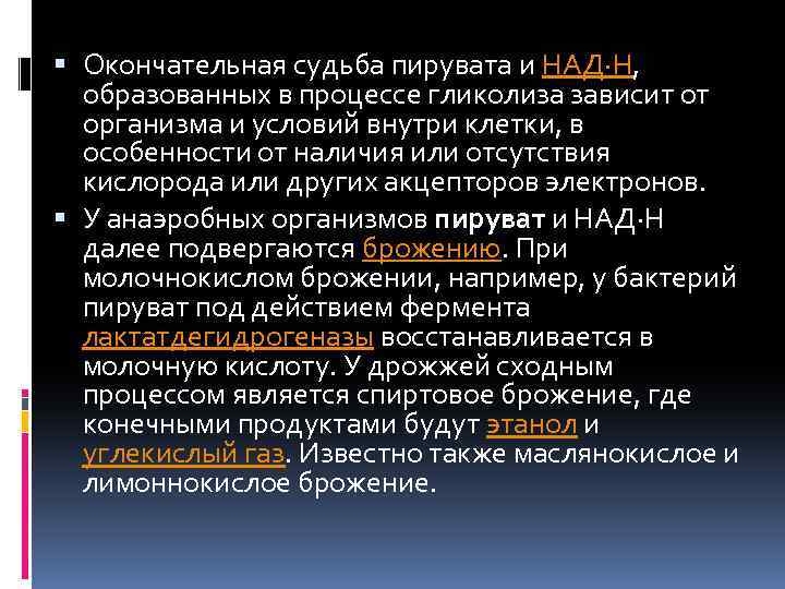  Окончательная судьба пирувата и НАД∙H, образованных в процессе гликолиза зависит от организма и