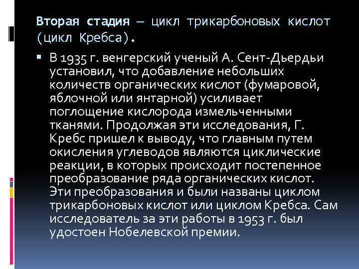 Вторая стадия — цикл трикарбоновых кислот (цикл Кребса). В 1935 г. венгерский ученый А.