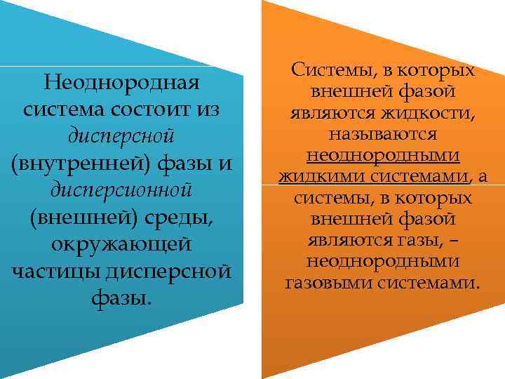 Неоднородная система состоит из дисперсной (внутренней) фазы и дисперсионной (внешней) среды, окружающей частицы дисперсной