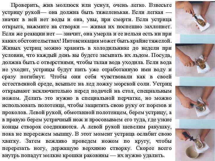  Проверить, жив моллюск или уснул, очень легко. Взвесьте устрицу рукой— она должна быть