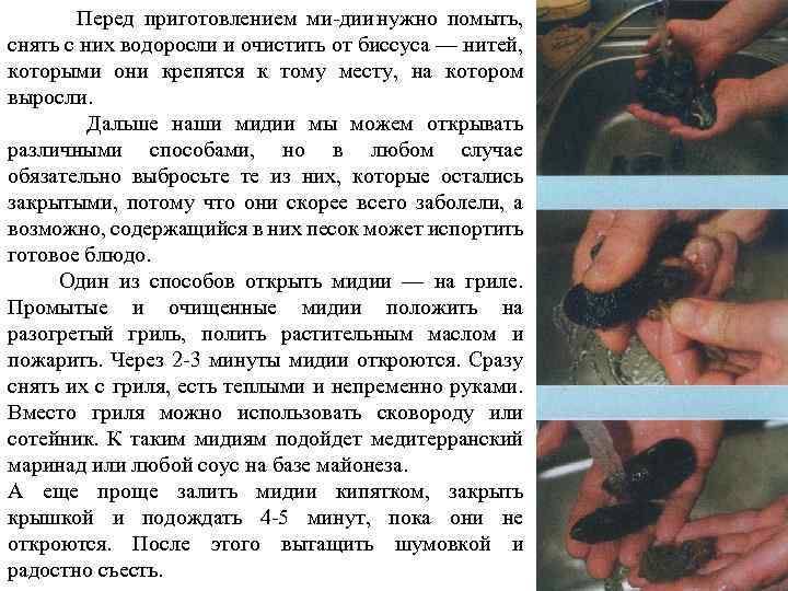  Перед приготовлением ми дии нужно помыть, снять с них водоросли и очистить от