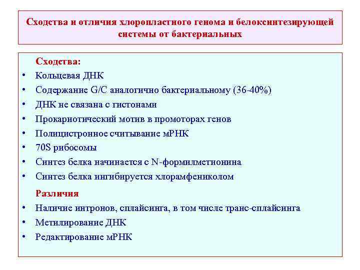 Сходства и отличия хлоропластного генома и белоксинтезирующей системы от бактериальных • • Сходства: Кольцевая