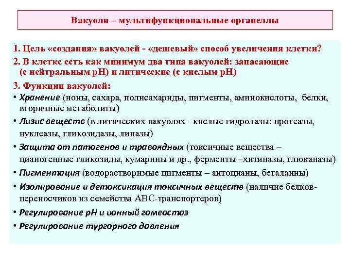 Вакуоли – мультифункциональные органеллы 1. Цель «создания» вакуолей - «дешевый» способ увеличения клетки? 2.