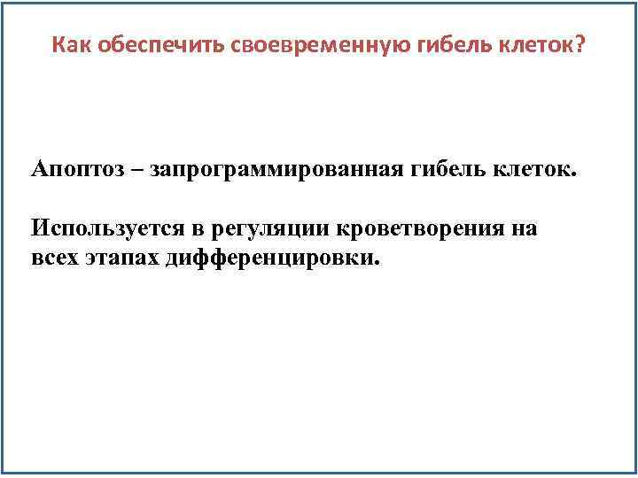 Как обеспечить своевременную гибель клеток? Апоптоз – запрограммированная гибель клеток. Используется в регуляции кроветворения