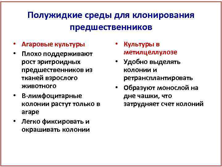 Полужидкие среды для клонирования предшественников • Агаровые культуры • Плохо поддерживают рост эритроидных предшественников