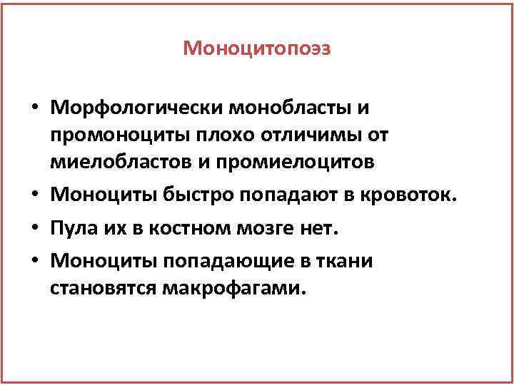 Моноцитопоэз • Морфологически монобласты и промоноциты плохо отличимы от миелобластов и промиелоцитов • Моноциты