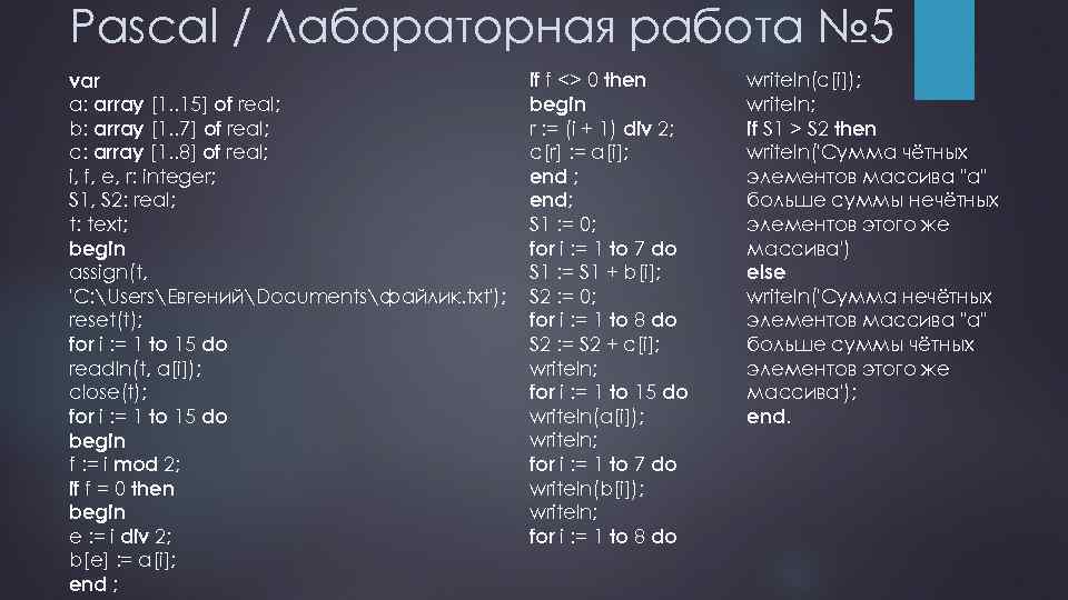 Pascal / Лабораторная работа № 5 var a: array [1. . 15] of real;