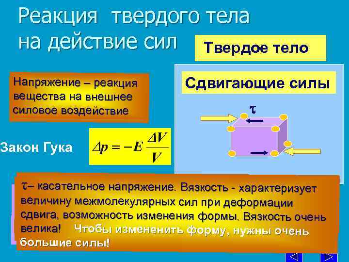 Реакция твердого тела на действие сил Твердое тело Напряжение – реакция вещества на внешнее