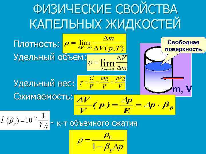 ФИЗИЧЕСКИЕ СВОЙСТВА КАПЕЛЬНЫХ ЖИДКОСТЕЙ Плотность: Удельный объем: Удельный вес: Сжимаемость: - к-т объемного сжатия