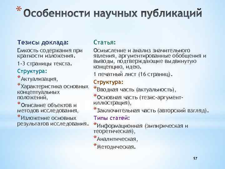 * Тезисы доклада: Статья: Емкость содержания при краткости изложения. 1 -3 страницы текста. Структура: