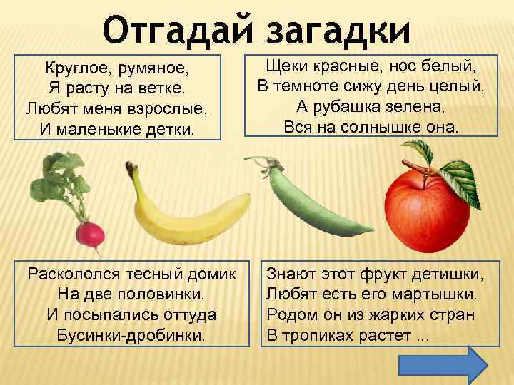 Отгадай загадки Круглое, румяное, Я расту на ветке. Любят меня взрослые, И маленькие детки.