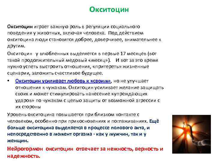 Окситоцин играет важную роль в регуляции социального поведения у животных, включая человека. Под действием