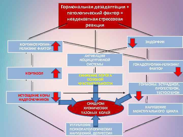 Гормональная дезадаптация + патологический фактор = неадекватная стрессовая реакция ЭНДОРФИН КОРТИКОТРОПИН- РЕЛИЗИНГ ФАКТОР АКТИВАЦИЯ