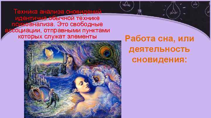 Техника анализа сновидений идентична обычной технике психоанализа. Это свободные ассоциации, отправными пунктами которых служат