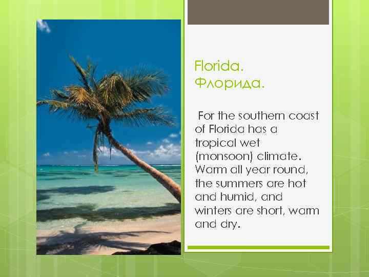 Florida. Флорида. For the southern coast of Florida has a tropical wet (monsoon) climate.