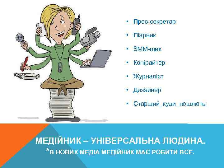  • Прес-секретар • Піарник • SMM-щик • Копірайтер • Журналіст • Дизайнер •