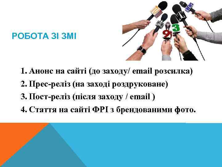 РОБОТА ЗІ ЗМІ 1. Анонс на сайті (до заходу/ email розсилка) 2. Прес-реліз (на