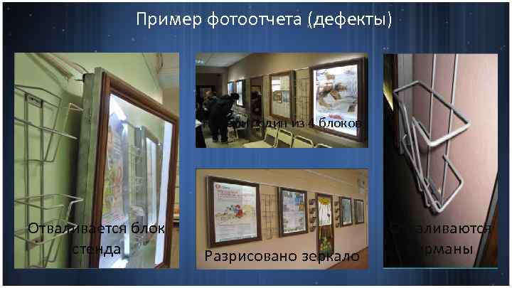 Пример фотоотчета (дефекты) Не горит один из 4 блоков Отваливается блок стенда Разрисовано зеркало