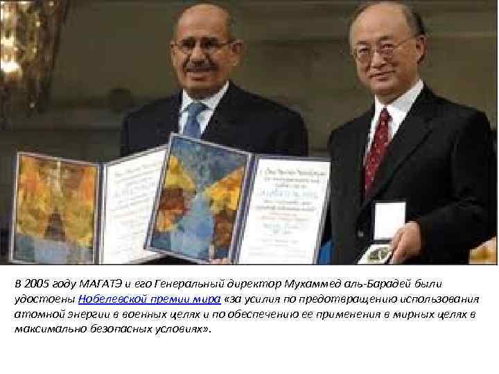 В 2005 году МАГАТЭ и его Генеральный директор Мухаммед аль-Барадей были удостоены Нобелевской премии