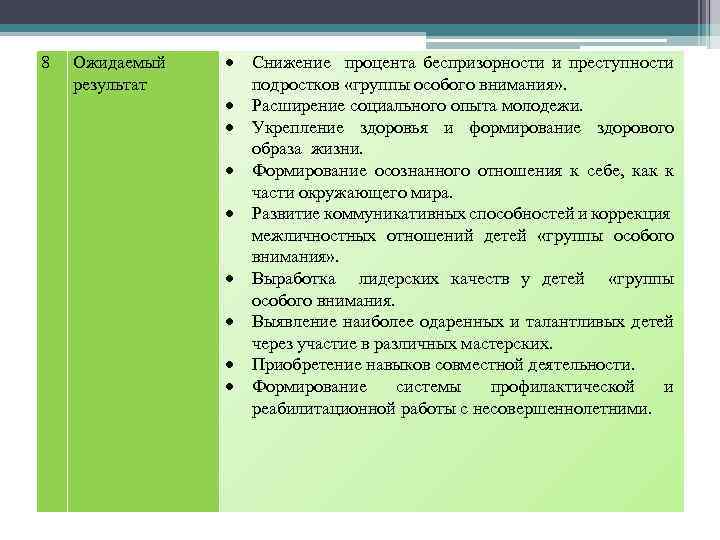 8 Ожидаемый результат Снижение процента беспризорности и преступности подростков «группы особого внимания» . Расширение