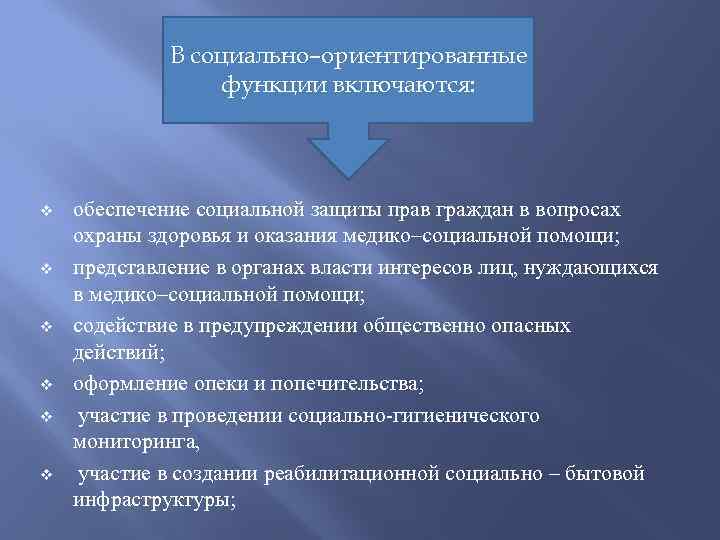 В социально–ориентированные функции включаются: v v v обеспечение социальной защиты прав граждан в вопросах